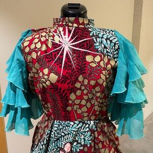 Vibrant Floral Patterned Handmade Dress with Ruffled Sleeves